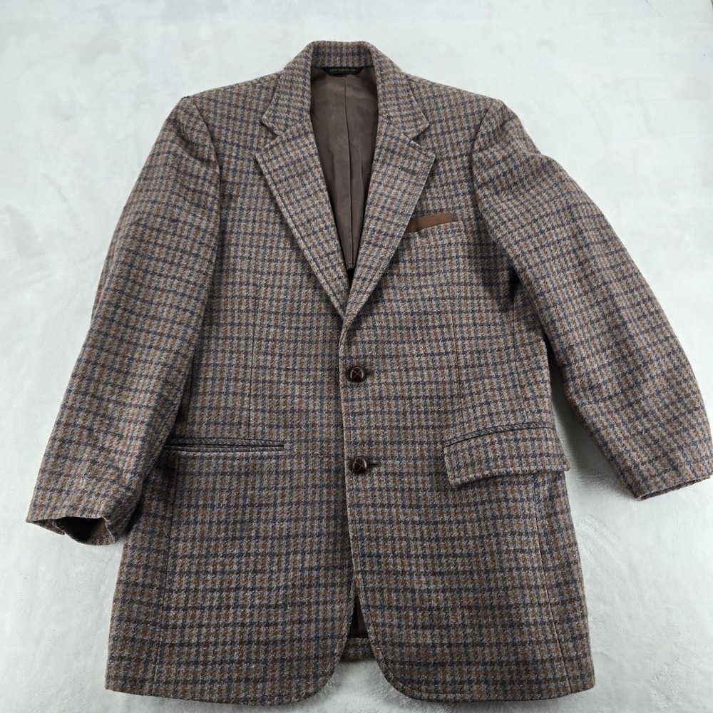 Vintage Wool Tweed Blazer 41R Brown Blue Houndstooth Sport Coat Check Jacket